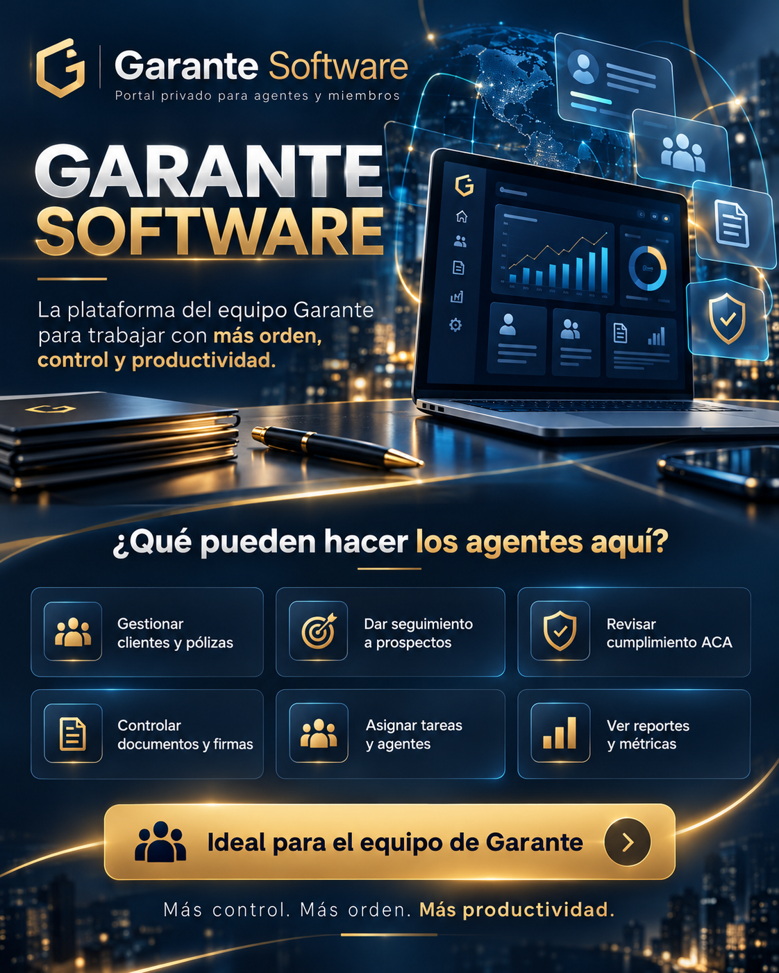 Propaganda de Garante Software: portal privado para agentes y miembros, con la sección ¿Qué pueden hacer los agentes aquí?